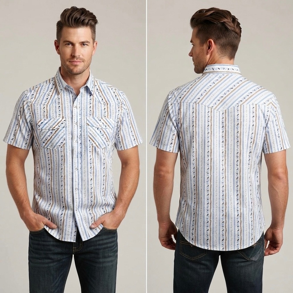 Western Aloha Mens Pearl Snap Shirt XL Blue White Tropical Bird Stripe Button Up